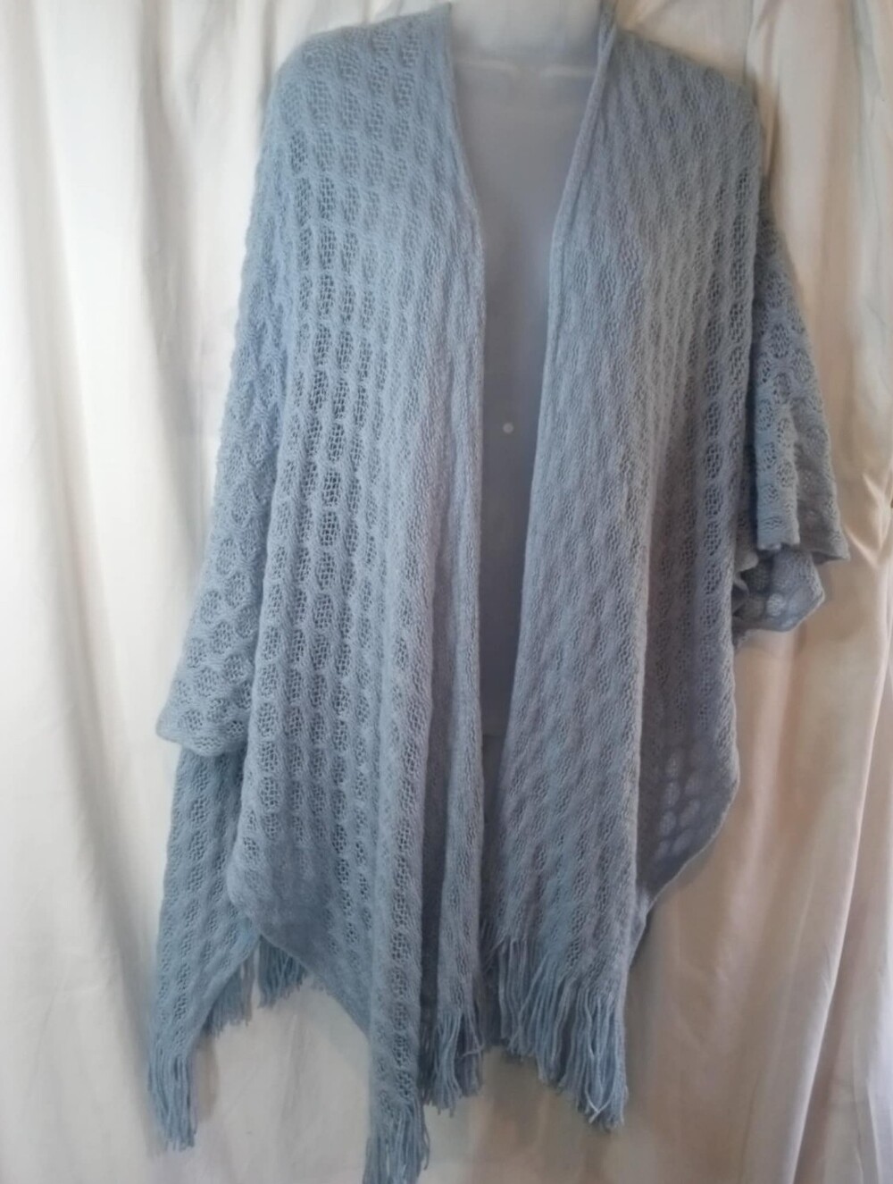 Just Me Light Blue Open-Knit Fringe Poncho Coastal One Size Flowy Fairy Momcore - Picture 1 of 4